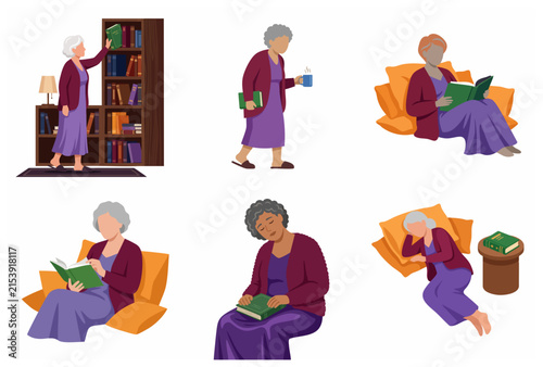 Set of flat vector illustrations of a senior woman reading books, drinking tea, and relaxing at home in various poses.