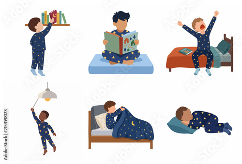 Cute little boy bedtime routine set in blue star pajamas, including sleeping, reading, waking up, and turning off light vector illustration.