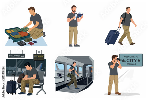 Male traveler journey set with packing, checking passport, waiting at airport gate, boarding plane, and photography character illustrations