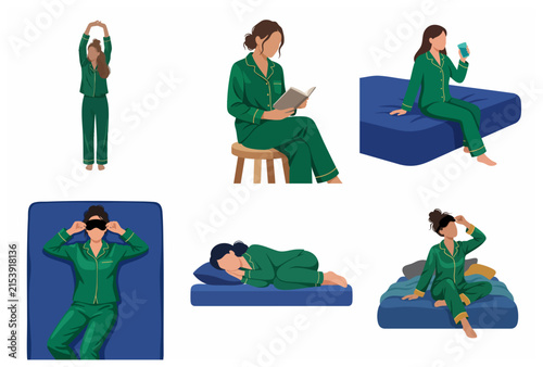 Collection of Women in Green Pajamas Doing Bedtime and Morning Routines Flat Vector Illustration