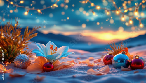 Christmas ornament flower snow lights decoration winter holiday festive celebration nature sunset bokeh background seasonal glowing colorful