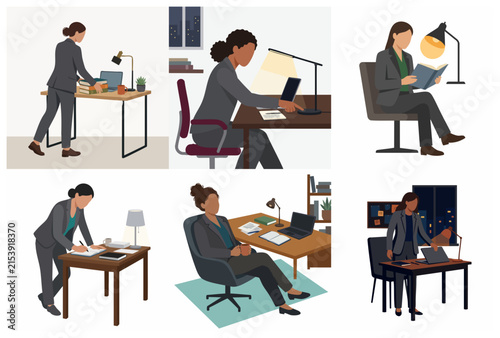 Set of flat vector illustrations featuring professional business women working at a desk, studying, reading, and finishing work late at night in an office environment.