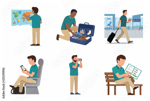 Man traveling sequence set, planning packing and exploring vacation stages vector illustration