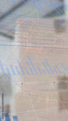 Animation of financial data and graphs over packages in warehouse