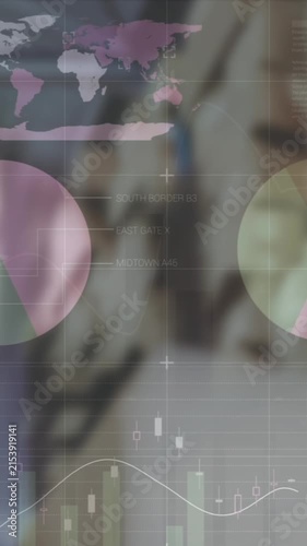 Animation of financial data and graphs over packages in warehouse