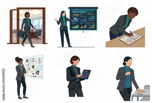Set of professional businesswomen in various office activities, featuring data analysis, presentations, and planning vector illustrations.