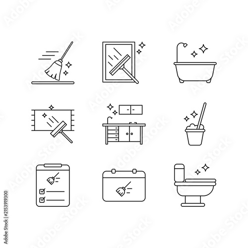 Cleaning service and domestic housekeeping line art icon set
