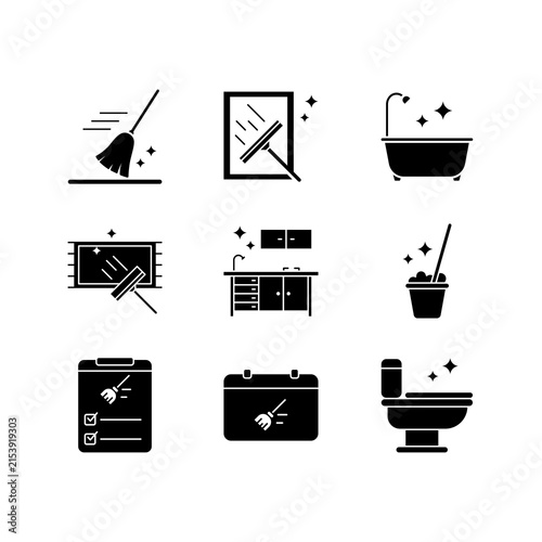 Cleaning service and domestic housekeeping solid black icon set
