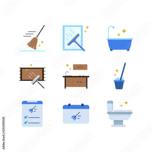 Cleaning service and domestic housekeeping flat color icon set
