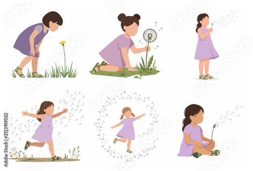 Vector illustration set of a cute little girl playing with dandelions in various poses