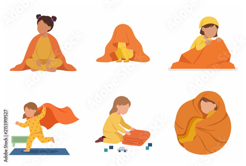 Set of flat illustrations of a little girl in yellow pajamas playing with a cozy orange blanket