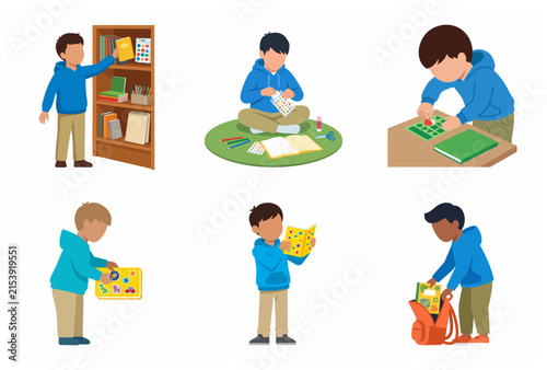 Set of illustrations featuring a little boy playing with stickers, reading books, and preparing his school bag in flat vector design style.