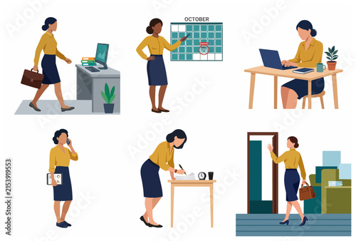 Businesswoman Daily Routine Flat Illustration Set - Professional Worker Working at Desk, Planning, and Communicating