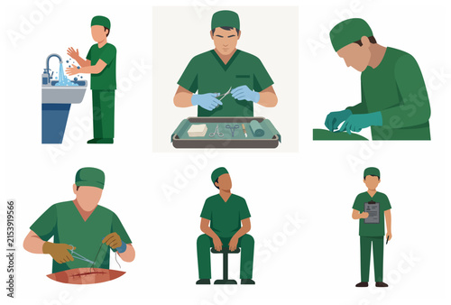 Surgeon character set illustrating various medical procedures and hospital routines including surgery, hand washing, and clinical tasks