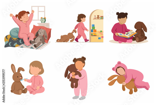 Little girl daily routine and playing with her favorite stuffed bunny rabbit plush toy set, childhood activities, waking up, reading, feeding and hugging, flat vector illustration