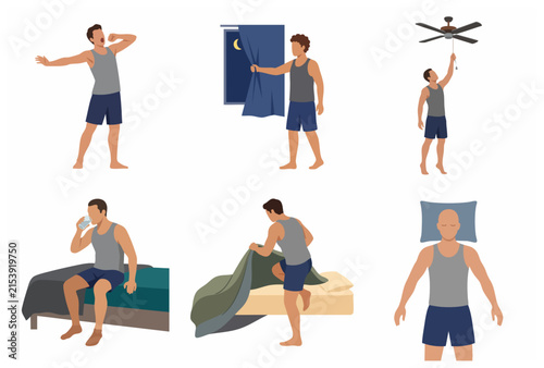Man Bedtime Routine Character Set Illustration, Healthy Sleep Habits, Night Preparation Scenes including Yawning, Closing Curtains, Drinking Water, Getting into Bed, and Sleeping