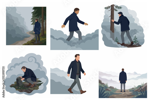 Set of flat vector illustrations of a man wandering and contemplating in various foggy landscapes, mountains, and forests, representing themes of solitude and journey.