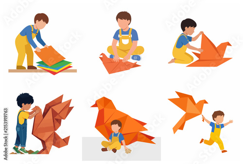 Creative Boy Character Folding and Playing with Origami Paper Birds Illustration Set