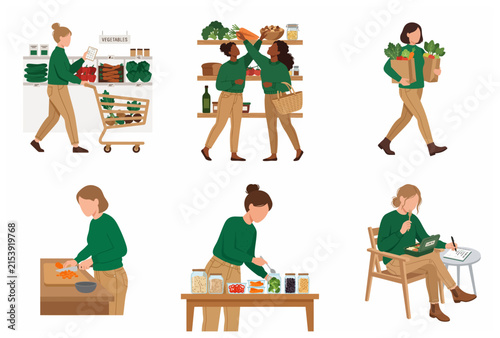 Set of flat illustrations of women shopping for healthy groceries, meal prepping, and eating nutritious meals