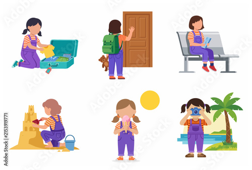 Collection of little girl characters on summer vacation journey, packing suitcase, building sandcastle, and taking photos at the beach.