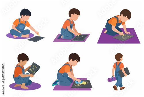 Collection of Little Boy Illustrations Drawing and Writing on a Small Chalkboard for Early Childhood Education
