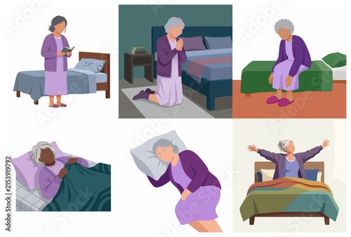 Elderly Woman Daily Bedtime and Morning Routine Character Set with Sleeping, Praying, and Waking Up Activities