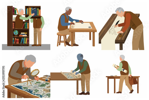Set of flat vector illustrations of an elderly cartographer or historian working with antique maps, scrolls, and books in his study.