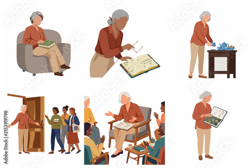 Set of flat illustrations featuring a senior woman reading, hosting a book club, and enjoying various daily leisure activities at home.