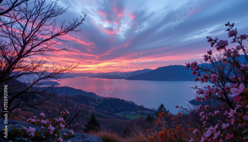 Sunset over lake with mountain silhouette and blooming flowers in foreground creating peaceful nature scene