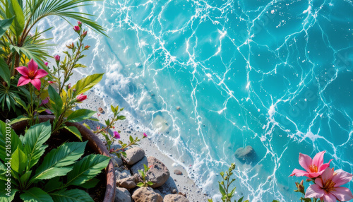 Tropical flowers and green leaves near rocky shore with clear turquoise water and sunlight reflections creating peaceful atmosphere