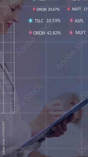 Animating financial data and stock percentages over medical professionals discussing