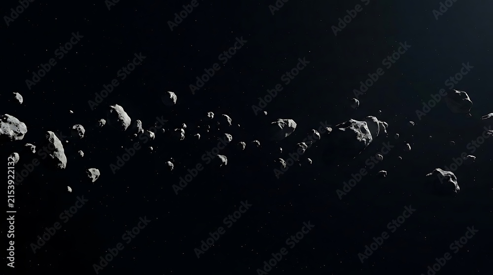 Obraz premium A cinematic view of an astroid belt floating through deep space featuring numerous rocky fragments drifting in the dark void of the solar system