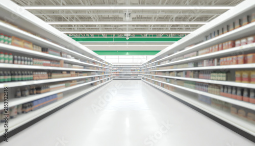 Empty white counter with pharmacy drugstore shelves blurred background