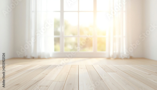 Empty wood table top with window curtain abstract blur background for product display