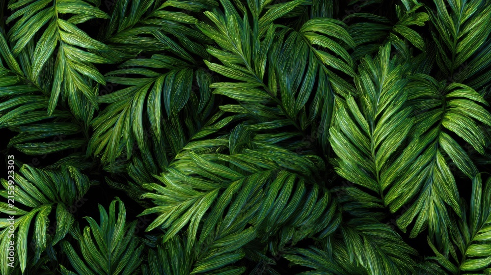 Fototapeta premium Dark moody tropical palm leaves pattern with lush green foliage