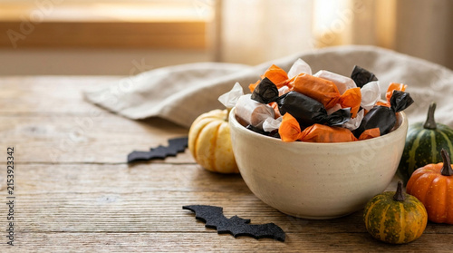 Halloween candy bowl pumpkin bat cute halloween treat on rustic table in warm light