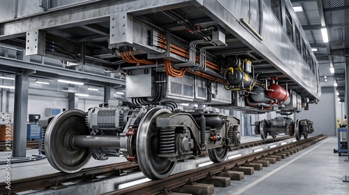 Modern train undercarriage maintenance in industrial railway depot facility.