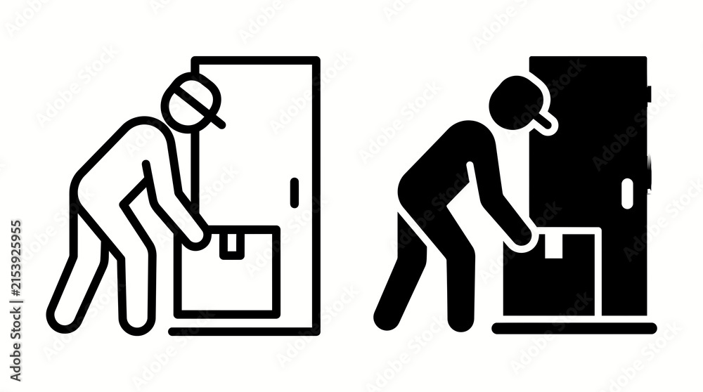 Fototapeta premium Delivery person placing a package by the door in two different icon styles.