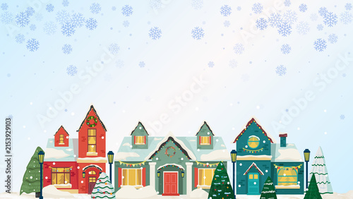 Winter village christmas background presentation with snowy houses and trees