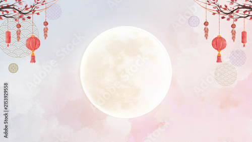 Mid autumn festival background presentation with full moon and red chinese lanterns