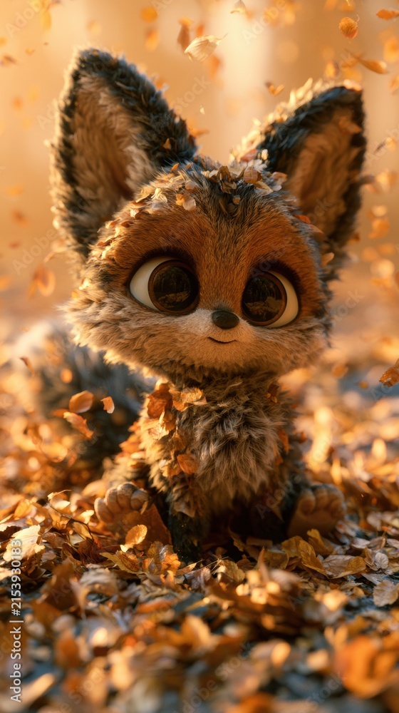 Naklejka premium A small fox character enjoys playing in colorful leaves as they fall around it. The warm light highlights the playful moment in a forest.