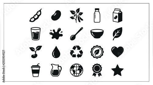 Soy Product Icons: Beans, Milk, Plant, Leaf, Heart, Earth, Star