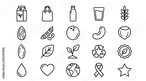 Vegan Food Icons: Plant Milk, Nuts, Beans, Earth, Heart, Recycle Symbols