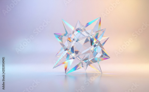 Abstract glass star polyhedron sculpture with prismatic rainbow light refraction on a soft pastel gradient background for futuristic design concepts