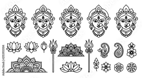 Minimalist Maa Durga black line art icon set with traditional face crown and ornaments for festival banners