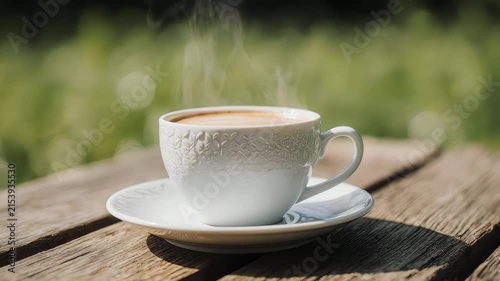 coffee in a handcrafted artisanal ceramic cup, steam flowing smoothly in slow motion, set on weathered wooden table surrounded by greenery, warm golden hour glow