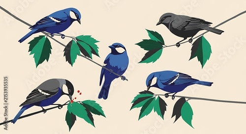 Group of colorful birds perched on branches in nature with wildlife, branches