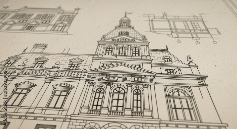 Obraz premium Vintage blueprint print showing classic building design and structural details