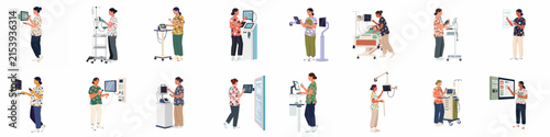Collection of vector illustrations showing nurses and healthcare professionals using modern medical equipment, monitors, and diagnostic tools in a hospital setting.