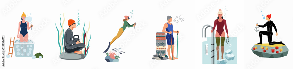 Fototapeta premium Vector illustrations set of diverse people practicing winter swimming, ice bathing, and cold water therapy activities for health and wellness.